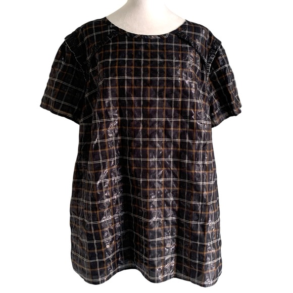 NWT Loft Crinkle Plus Size 20 Navy Brown Metallic Plaid Women's Trim Top - Picture 1 of 7